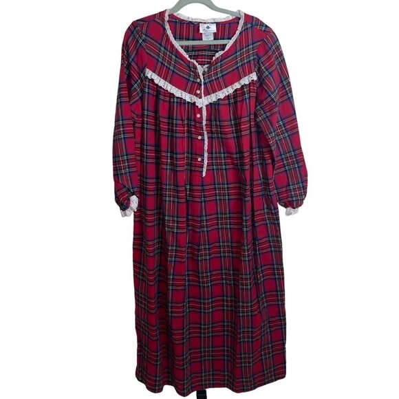 Eileen West Vintage Womens Nightgown Size Large Red Plaid Flannel Pure Cotton